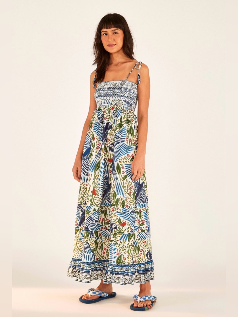 Farm Rio Macaws in Flight Blue & White Floral Bird Print Smocked Maxi Dress, XS - Picture 9 of 9